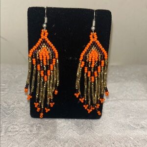 Vibrant Orange and Gold Beaded Earrings